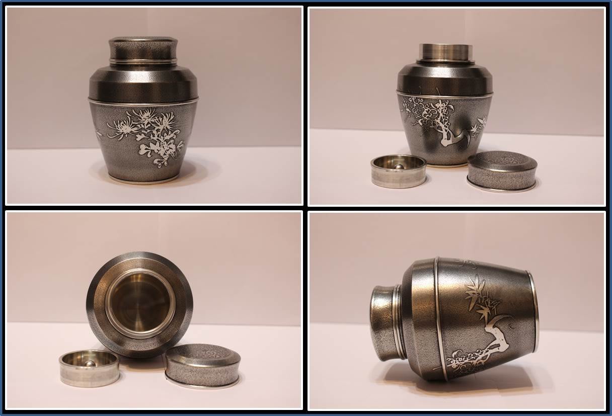 勇福堂》】日本茶道具－間村自造款【古錫製四君子紋茶器三件（茶罐、建 