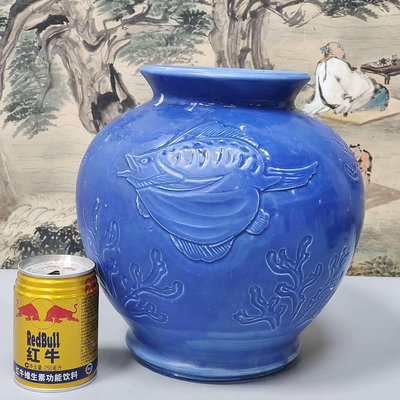 超大超大日本 藍釉浮雕魚紋大花瓶 有款
