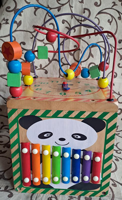 熊貓款橡膠木有繞珠1~3歲兒童益智百寶箱
