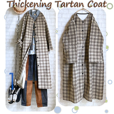 日貨Tartan Coat 職人風大格紋腰間大摺燈芯絨內薄絨長版外套-堅果咖格 Size F (約M~L+)