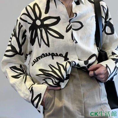 CK生活館Jacquemus歐美復古潮流手繪黑白碎花襯衫夏威夷海邊寬鬆棉麻