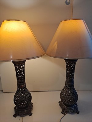 二手 老件 古董 銅 立燈 桌燈 雕花 鏤空 巴洛克 日治