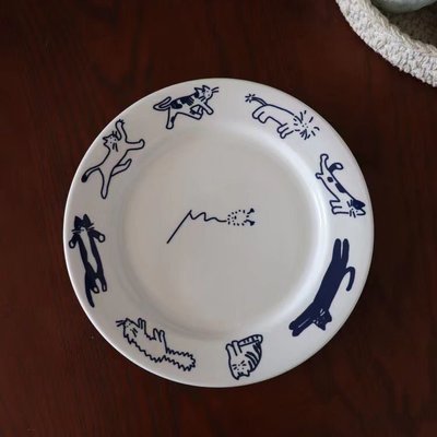 韓國ins風復古小貓藍色早餐陶瓷盤子甜品盤西餐盤可愛少女心法式特艾超夯 精品