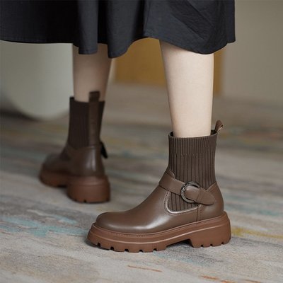 赫拉真皮襪靴DANDT時尚真皮學院彈力釦帶短靴（22 OCT AL）同風格請在賣場搜尋-歐美女鞋現貨