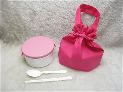餐盒餐袋餐具組-圓型便當盒(900ML)+餐具+束口袋-BOX-702 粉色系