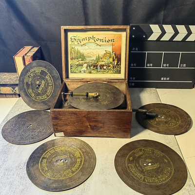 1900年德國古董老式手搖碟片式盤式八音盒 實木箱音樂盒百音