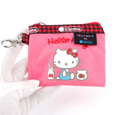 LeSportsac kitty 凱蒂貓聯名系列 粉色蘇格蘭 掛勾 零錢包 收納包 鑰匙包 證件夾 工作證 降落傘防水 限量
