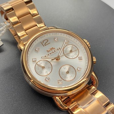 COACH蔻馳女錶,編號CH00001,30mm玫瑰金方形精鋼錶殼,玫瑰金色三眼錶面,玫瑰金色精鋼錶帶款