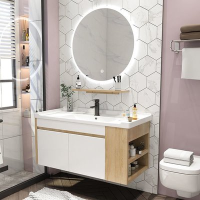 現貨熱銷-北歐多層免漆實木浴室柜洗臉盆現代衛浴壁掛式智能洗手盆柜組合 自行安裝