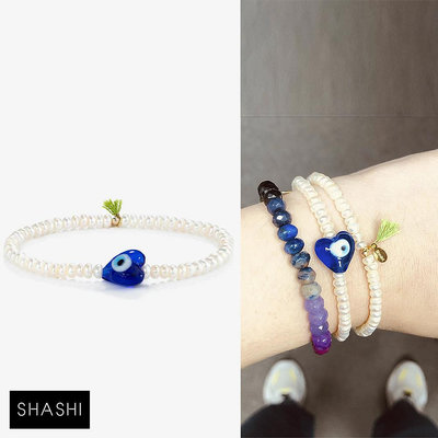 SHASHI 紐約品牌 EVIL EYE PEARL 藍色琉璃愛心 智慧之眼珍珠手鍊