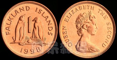 英國女王 R.I.P 現貨真幣 福克蘭群島 精美小企鵝 1998年 1便士 伊莉莎白 殖民地 大西洋 銅幣具收藏價值商品
