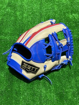 棒球世界ZETT訂製款棒壘球手套特價內野工字檔12吋奶油寶藍紅配色今宮健太model