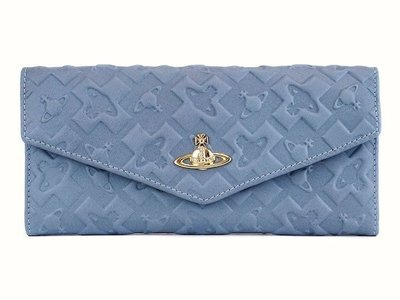 Vivienne Westwood (藍色 ) 真皮土星壓紋兩摺長夾 皮夾 錢包｜100%全新正品｜特價!