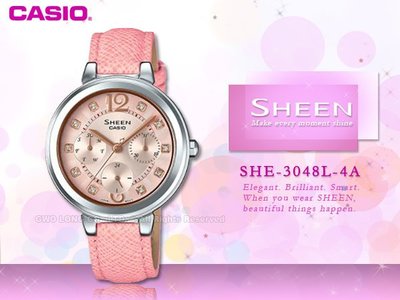 CASIO 手錶專賣店 國隆 CASIO SHEEN_ SHE-3048L-4A_施華洛 世奇_三眼_日/星期_女錶