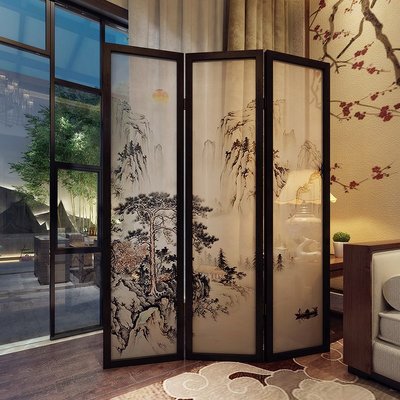 新中式屏風隔斷客廳折疊移動玄關山水畫半墻房間實木遮擋裝飾折屏西洋紅促銷