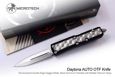 【angel 精品館 】Microtech Daytona D/E氣泡鈦鑲嵌黑鋁柄自動刀M390鋼石洗126-10BIS