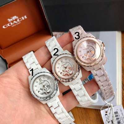 【MOMO全球購】COACH 新款Preston系列女士手錶 鑽石搭配數字時標 錶盤花朵裝飾 陶瓷錶帶