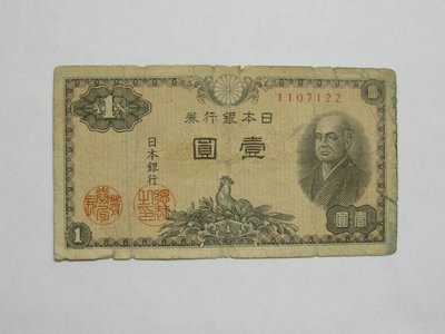 老日本銀行券--壹圓--二宮尊德--七碼--1107122--1946年-昭和21年---極少見收藏---雙僅一張