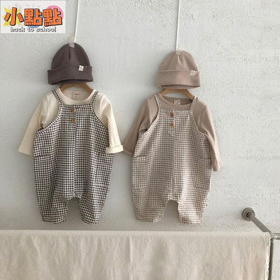 【小點點】韓版ins 秋季 嬰兒素色格子吊帶褲 💙💙 男女童 寶寶 嬰幼 兒童裝 連身爬服 包屁衣 寶寶服 嬰兒服