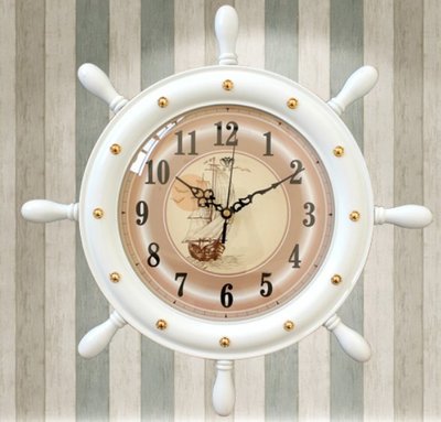 歐美進口 海洋船舵造型時鐘白色地中海風格掛鐘 創意船舵時鐘牆面簡約時尚掛鐘牆鐘 時鐘靜音鐘牆面裝飾鐘