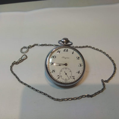 【古錶傳承】瑞士 Longines 浪琴 古董懷錶 手上鏈 白瓷面 藍鋼劍針 小秒針 金屬鏈 無底價 標多少都賣！