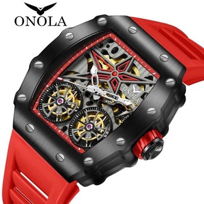 ONOLA正品義大利註冊品牌酷炫時尚自動雙旋轉面結構設計理查風格酒桶造型自動機械夜光指針矽膠錶帶男士手錶