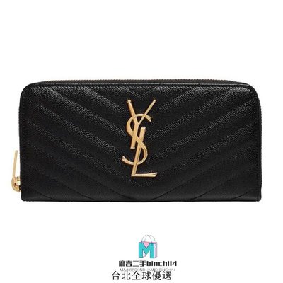 【二手】正品Saint Laurent YSL Monogram系列V字縫線 魚子醬牛皮 金字 ㄇ型拉鏈長夾  358094