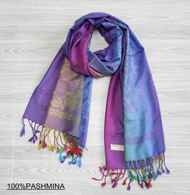正品100%PASHMINA喀什米爾羊毛雙面會呼吸的圍巾披肩-紫藍漸層-送禮自用溫暖貼心禮物