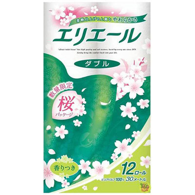 【JPGO】超取最多一包~日本製 大王Elleair 雙層滾筒式衛生紙 12捲入~清香 限定櫻花版