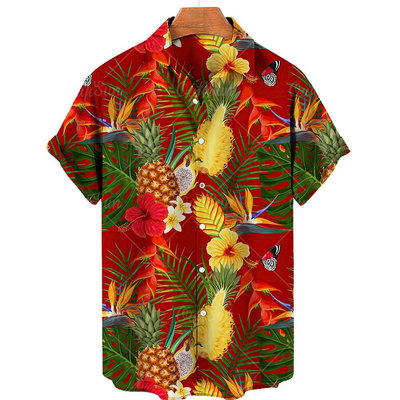 夏威夷短袖水果印花襯衫的男人鳳梨圖案上休閒裝寬鬆的夏季襯衫