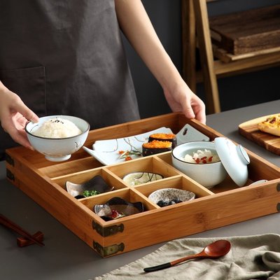 下殺 日式創意多格餐具木質陶瓷組合餐盤餐廳用六宮格木盒子分格多用#餐具#瓷器#陶瓷