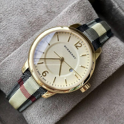 BURBERRY 金色錶盤 格紋皮革錶帶 石英 女士手錶 BU10104