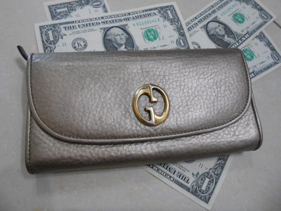 GUCCI 真品 優質小牛皮 金屬香檳色 翻蓋長夾