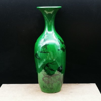 現貨熱銷-景德鎮陶瓷器翡翠綠釉嬰戲圖觀音瓶創意插花擺件中式客廳古風裝飾
