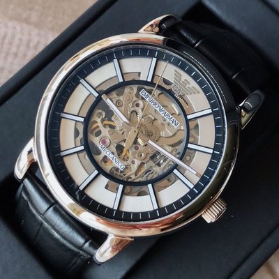 EMPORIO ARMANI Meccanico 鏤空錶盤 黑色皮革錶帶 男士 自動機械錶 AR1981 亞曼尼腕錶