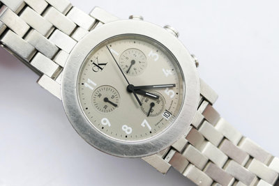 (小蔡二手挖寶網) 瑞士製 Calvin Klein 石英錶 CK 三眼 日期顯示 全原裝 有行走 商品如圖 1元起標 無底價