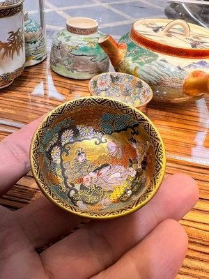 日本帶回 明治九谷燒 手點密集青粒 手繪六歌仙 茶杯