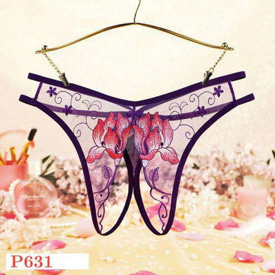 Ungu P631 女式內褲性感內褲時髦紫色透明開襠花卉刺繡丁字褲 2（滿599元）
