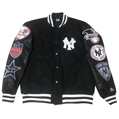 Cover Taiwan 官方直營 NY 紐約 洋基隊 嘻哈 皮袖 棒球外套夾克 MLB 大聯盟 黑色 大尺碼 (預購)