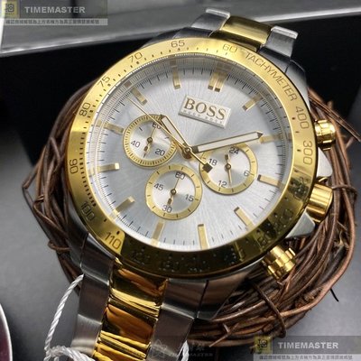 BOSS手錶,編號HB1512960,44mm金色圓形精鋼錶殼,白色三眼, 中三針顯示錶面,金銀相間精鋼錶帶款