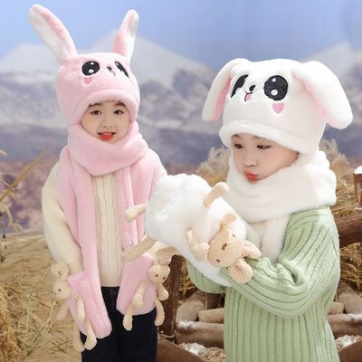 現貨熱銷-兒童帽子女冬季圍巾圍脖一體女童寶寶可愛兔子耳朵會動-默認最小規格價錢 其它規格請諮詢客服