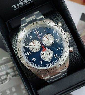 TISSOT PRS516 Chronograph 藍色面錶盤 銀色不鏽鋼錶帶 石英 三眼計時 男士手錶 T1316171104200 天梭腕錶