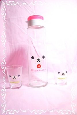 ♥小花花日本精品♥ Hello Kitty 卡哇依懶懶熊臉玻璃水壺+杯子整組 實用又可愛