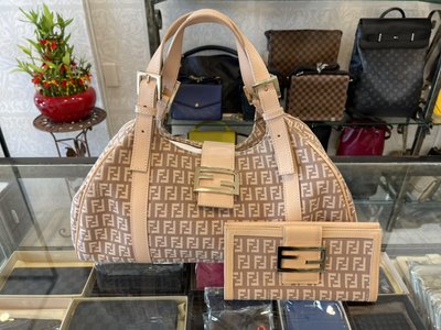 女人街國際精品*FENDI 經典款 緹花布 LOGO 粉膚色 手提 肩背包