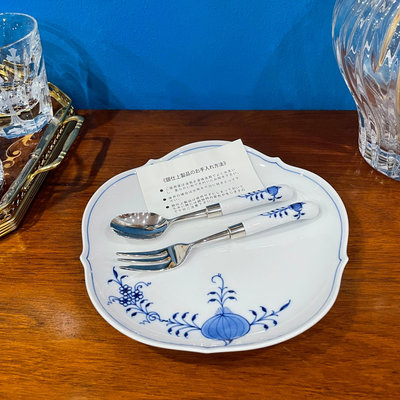 【二手】梅森Meissen藍洋蔥鍍銀咖啡勺蛋糕叉 古董 老貨 收藏 【錦繡古玩】-602