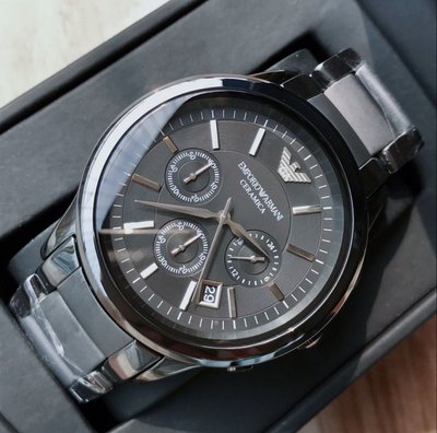 EMPORIO ARMANI 黑色錶盤 黑色陶瓷錶帶 三眼計時 男士手錶 AR1452 亞曼尼腕錶