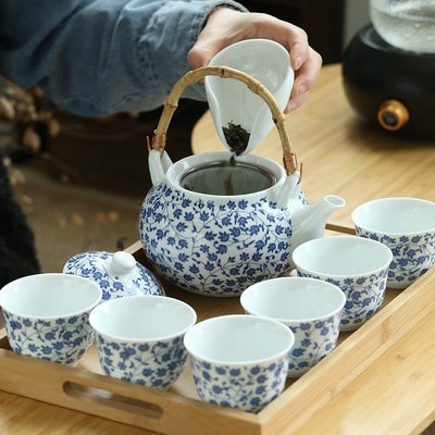 “正品”青花瓷提梁壺茶具套裝大容量茶壺1000ml帶濾網泡茶壺整套茶杯家用