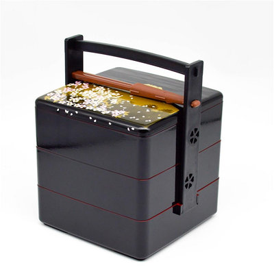 囷牌日式便攜式手提野餐飯盒 點心壽司盒 三層手提烤漆塑膠便當盒