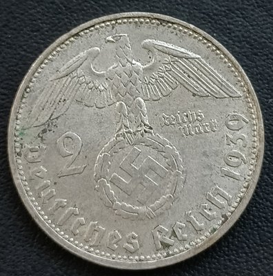 德國   1939年  D(慕尼黑)  納粹德國   2馬克    興登堡    銀幣(62.5%銀)    2012