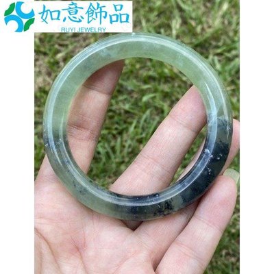 58.3mm Natural Serpentine jade Xiu yu jade岫玉果綠色高冰飄水墨手~如意飾品